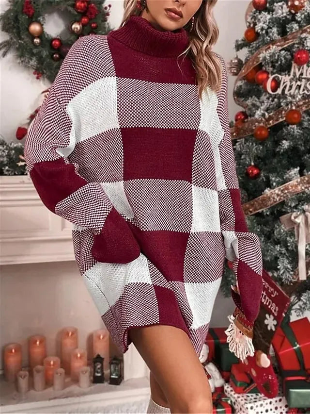 Women's Ugly Christmas Sweater Sweater Dress Christmas Sweaters Turtleneck Ribbed Knit Polyester Knitted Fall Winter Long Outdoor Christmas Daily Stylish Casual Soft Long Sleeve Plaid Red S M L