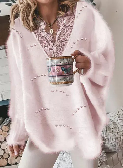V-neckline Solid Color Casual Lace H-line Sweaters
