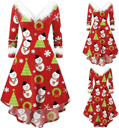 Womens Christmas Dress Fuzzy Mrs Claus Christmas Holiday Xmas Cocktail Holiday Party Flare Dress