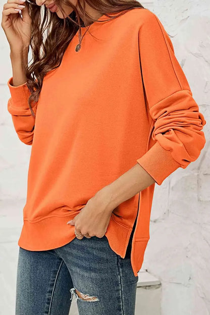 Round Neck  Dropped Shoulder Slit Sweatshirt AC