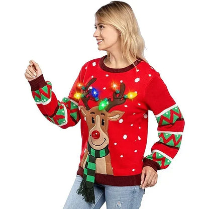 Womens LED Light Up Reindeer Ugly Christmas Sweater