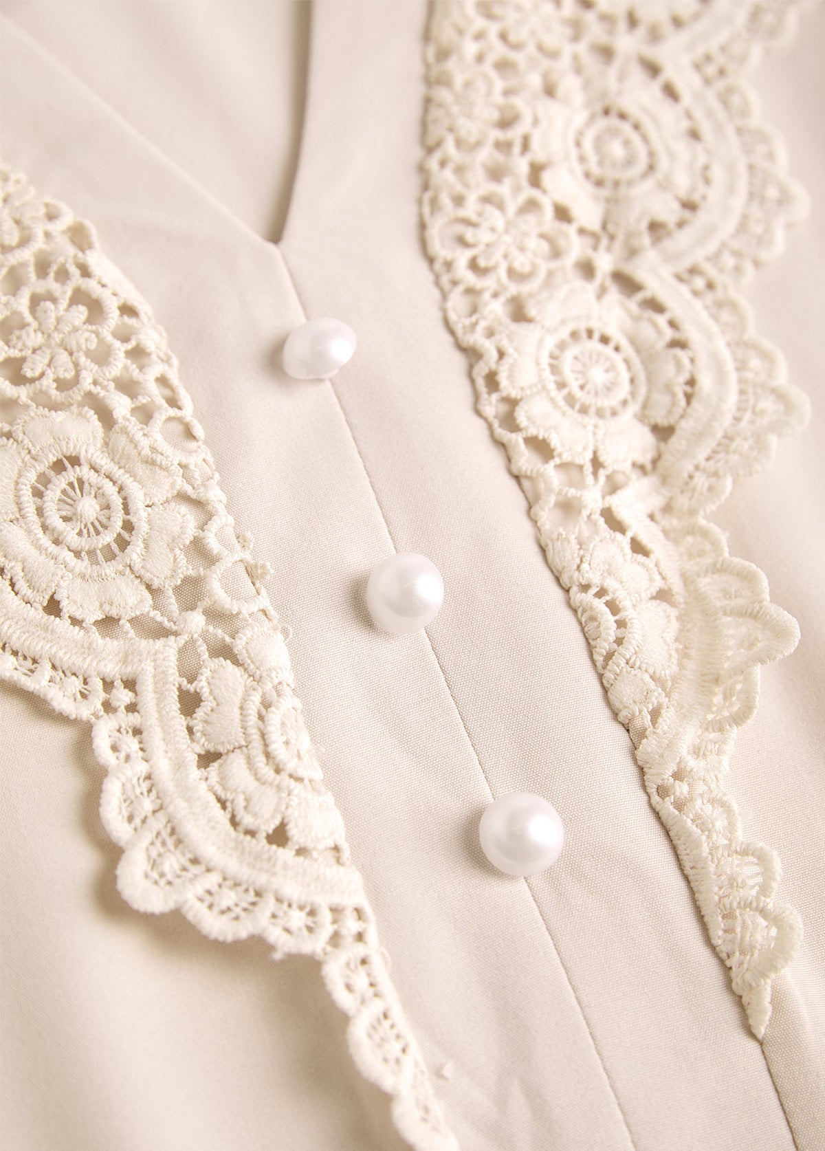 Beige Embroidery Long Sleeve Split Neck Blouse