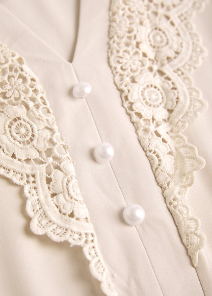 Beige Embroidery Long Sleeve Split Neck Blouse