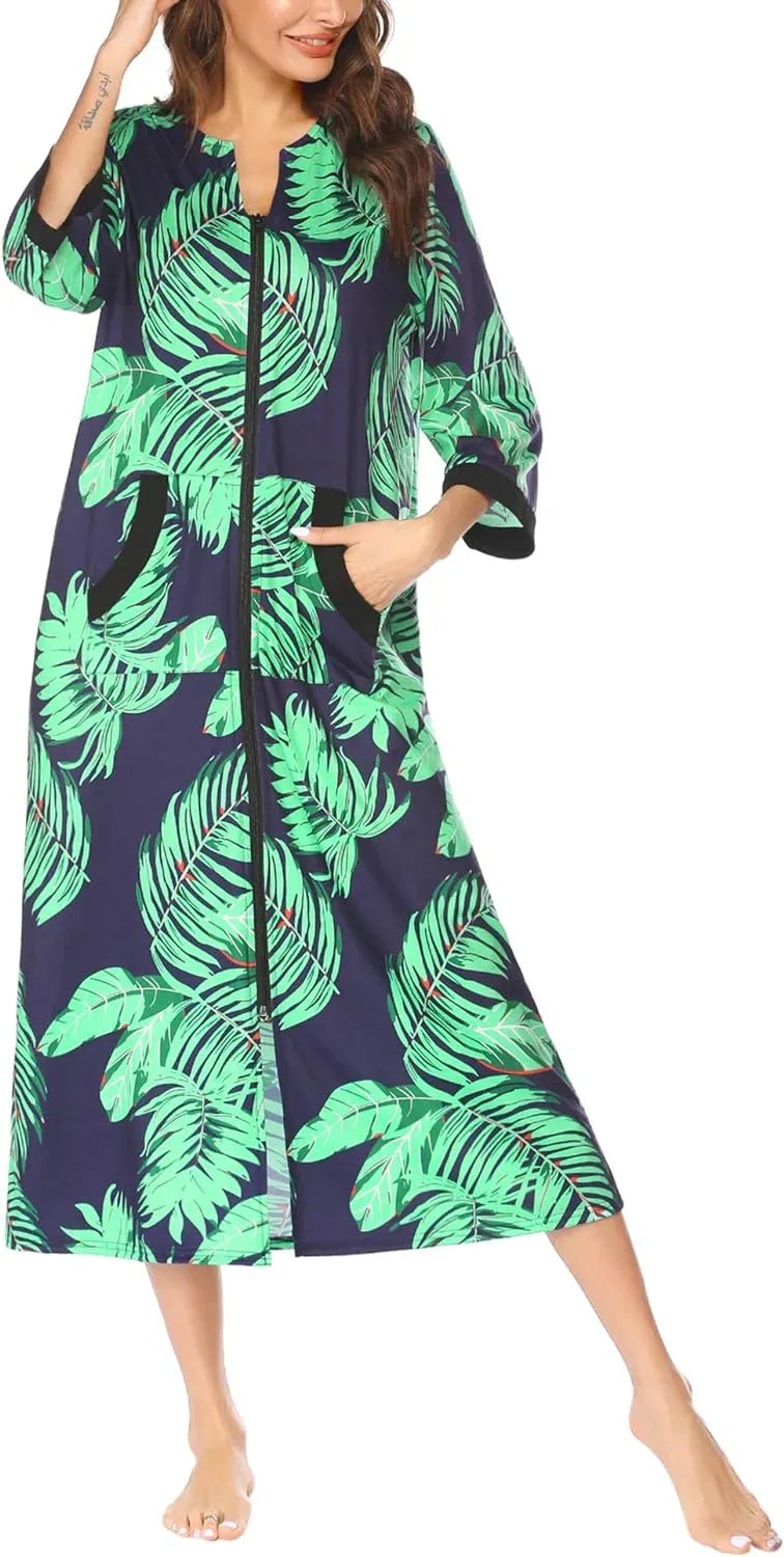 Women Zipper Robe 3/4 Sleeves Loungewear Dress Full Length Sleepwear Pockets Housecoat Nightgown Long Bathrobe
