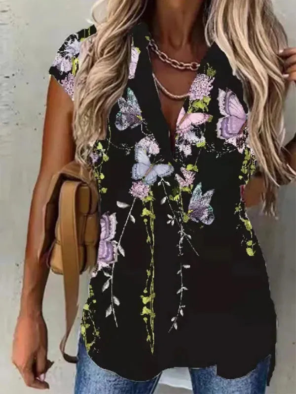 Collar Floral Vacation Blouse