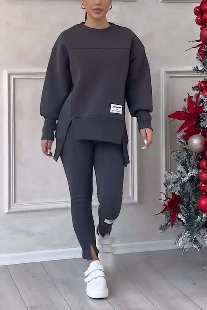 (NO PRINTING ON BACK) Women's Casual Solid Color Round Neck Long Sleeve Slit Hem Sweatshirt Leggings Set