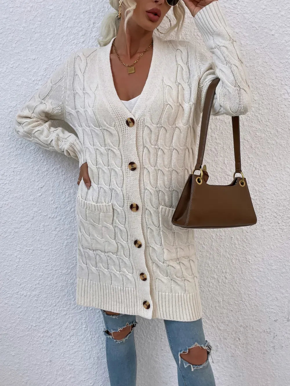 New long coat twist rope solid color cardigan sweater