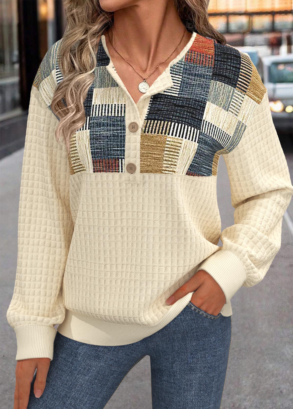 Light Yellow Button Geometric Print Long Sleeve Sweatshirt