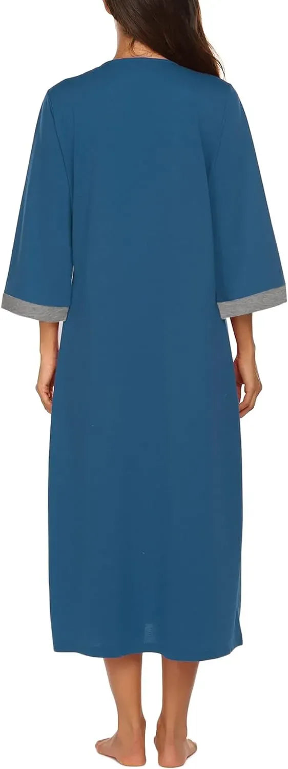 Women Zipper Robe 3/4 Sleeves Loungewear Dress Full Length Sleepwear Pockets Housecoat Nightgown Long Bathrobe