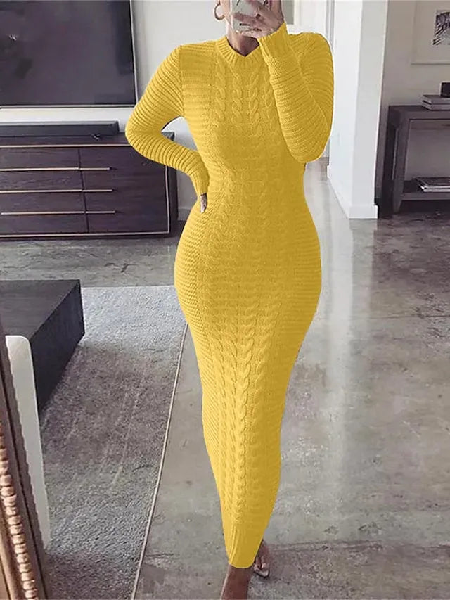 Women's Sweater Dress Crew Neck Ribbed Knit Polyester Knitted Fall Winter Long Outdoor Daily Going out Stylish Casual Soft Long Sleeve Pure Color Black Yellow Wine S M L