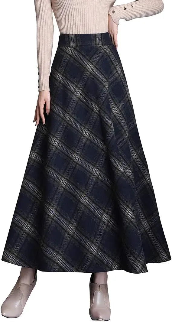 Women's Winter Elegant Warm Long Skirt Wool Maxi Skirts Elastic Waist A-Line High Waist Plaid Pleated Skirt S-3XL