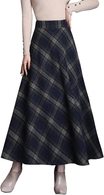 Women's Winter Elegant Warm Long Skirt Wool Maxi Skirts Elastic Waist A-Line High Waist Plaid Pleated Skirt S-3XL