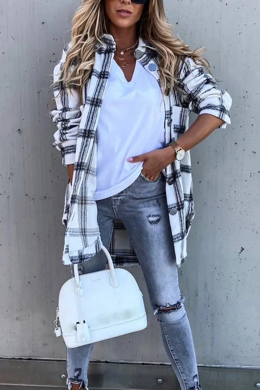Long Sleeve Plaid Shirt Mid-length Coat