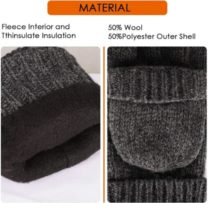 Bodvera Thermal Insulation Fingerless Texting Wool Gloves for Women and Men Winter Warm Knitted Convertible Mittens Flap