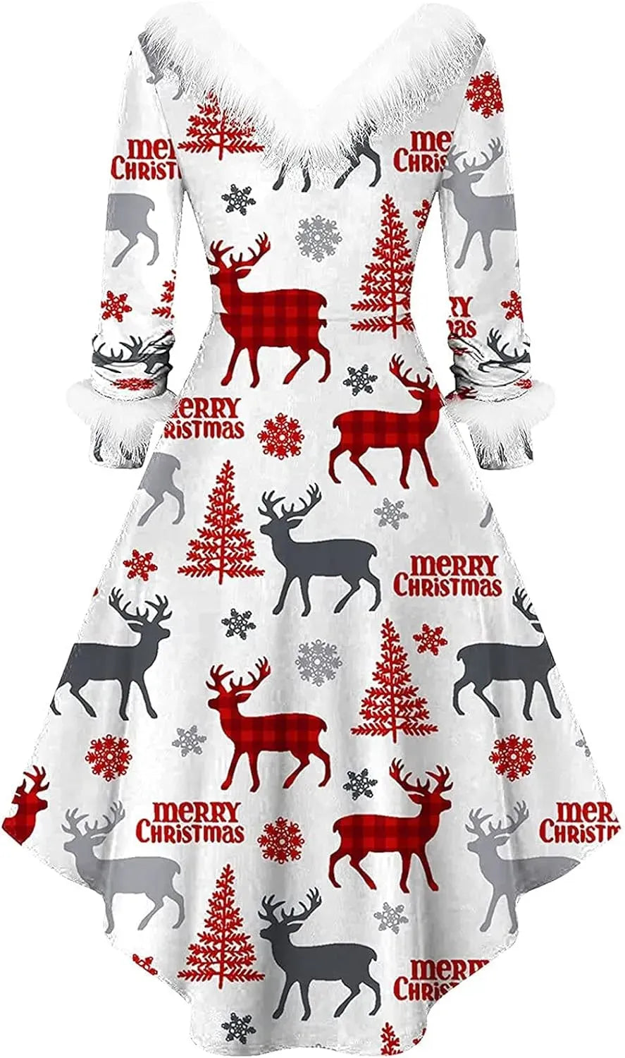 Womens Christmas Dress Fuzzy Mrs Claus Christmas Holiday Xmas Cocktail Holiday Party Flare Dress
