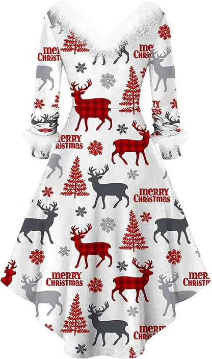 Womens Christmas Dress Fuzzy Mrs Claus Christmas Holiday Xmas Cocktail Holiday Party Flare Dress