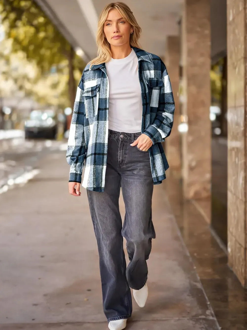 Womens Casual Plaid Shacket Button Down Long Sleeve Shirt