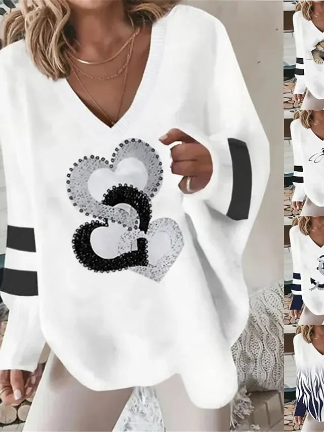 Women's Pullover Sweater Jumper Jumper Ribbed Knit Print Animal V Neck Stylish Casual Outdoor Daily Summer Fall White / Black Black S M L