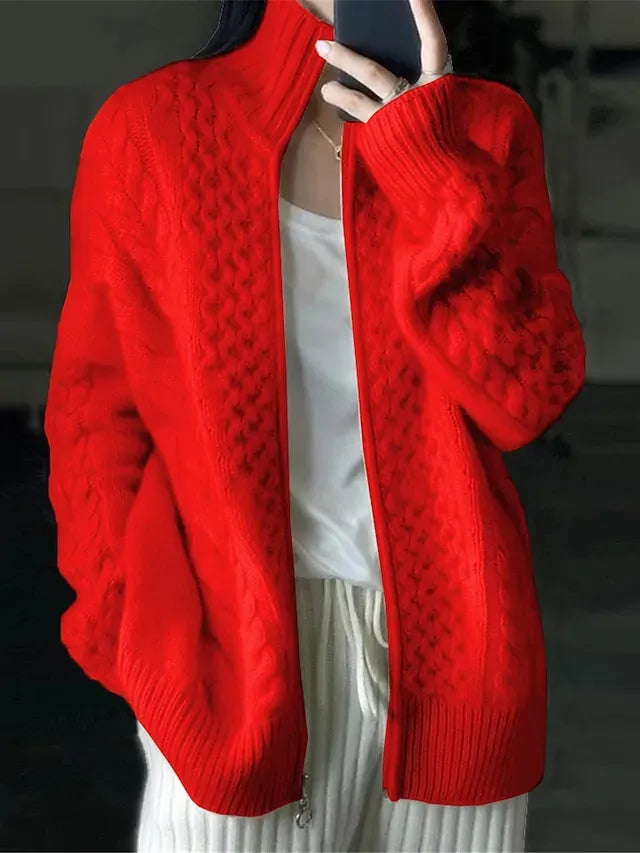 Women‘s Christmas Zip Sweater Stand Collar Cable Knit Polyester Zipper Knitted Fall Winter Regular Outdoor Xmas Holiday Going out Stylish Casual Soft Long Sleeve Pure Color Pink Red S M L