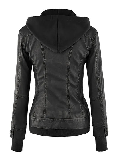 Women's Detachable Hooded Faux Leather Motorcycle Jacket