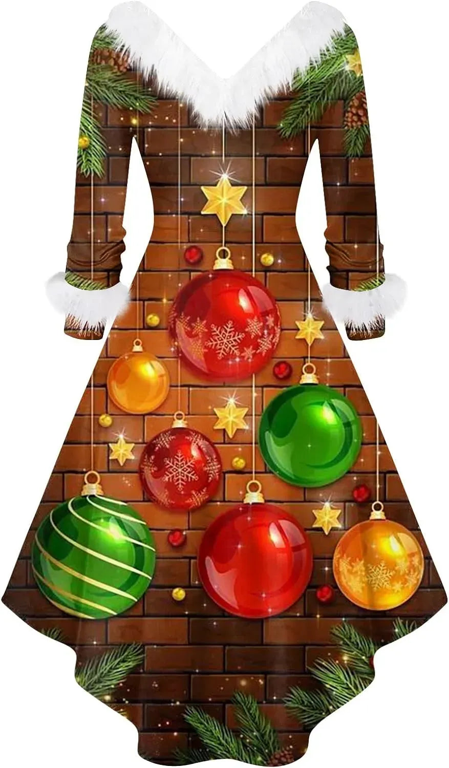 Womens Christmas Dress Fuzzy Mrs Claus Christmas Holiday Xmas Cocktail Holiday Party Flare Dress
