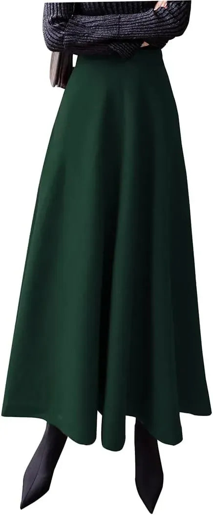 Women's Winter Elegant Warm Long Skirt Wool Maxi Skirts Elastic Waist A-Line High Waist Plaid Pleated Skirt S-3XL