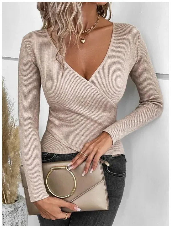 Ribbed Knit Wrap Cross Sweater