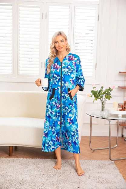 Women Zipper Robe 3/4 Sleeves Loungewear Dress Full Length Sleepwear Pockets Housecoat Nightgown Long Bathrobe