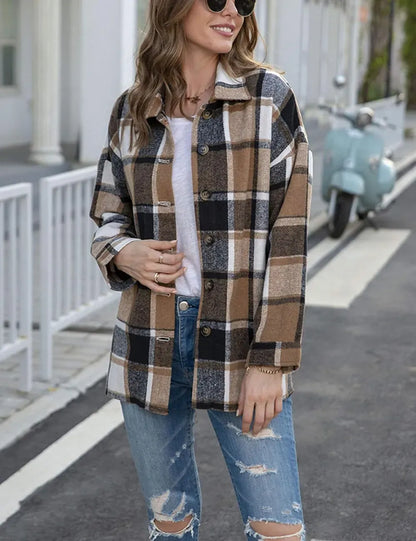 Womens Casual Plaid Shacket Button Down Long Sleeve Shirt