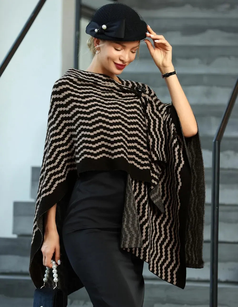 Womens Large Cross Front Poncho Sweater Wrap Topper Knitted Elegant Shawls Cape for Fall Winter
