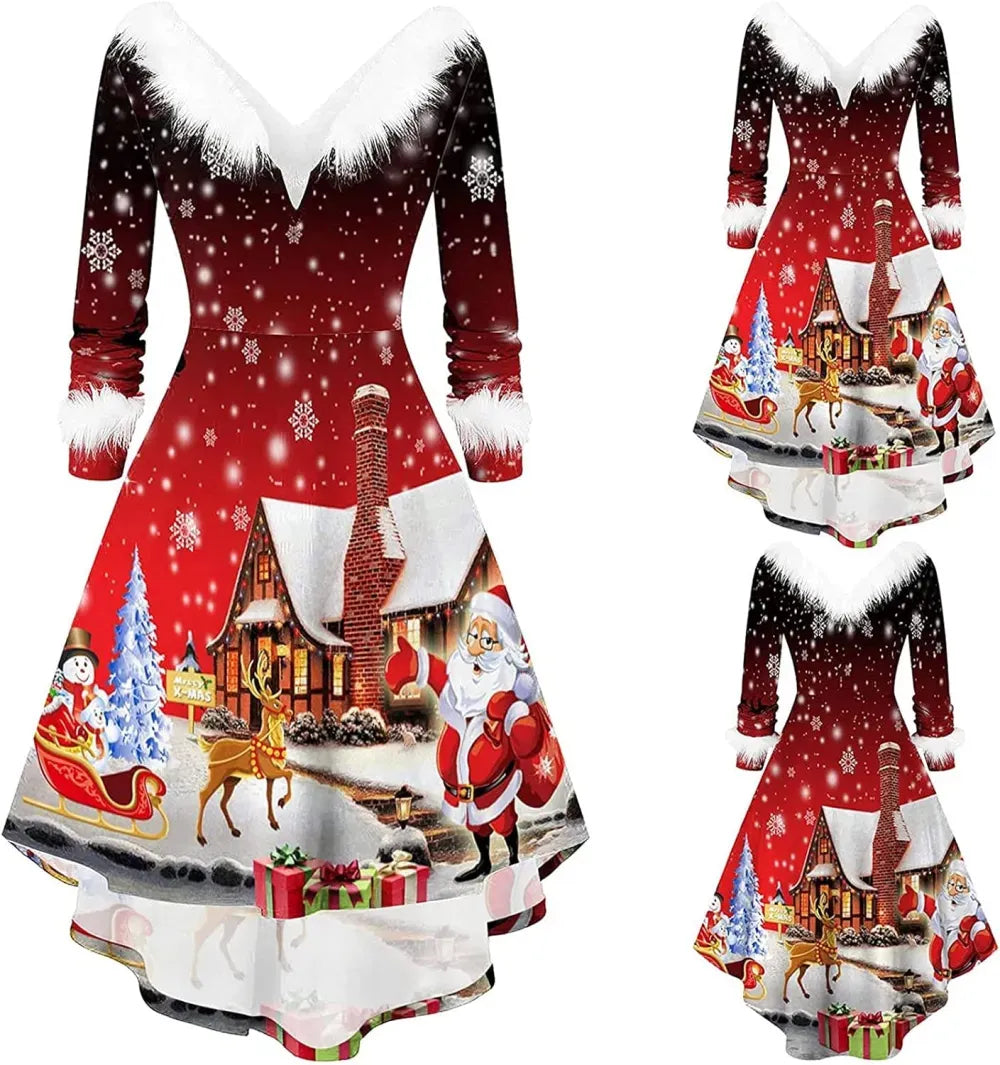 Womens Christmas Dress Fuzzy Mrs Claus Christmas Holiday Xmas Cocktail Holiday Party Flare Dress