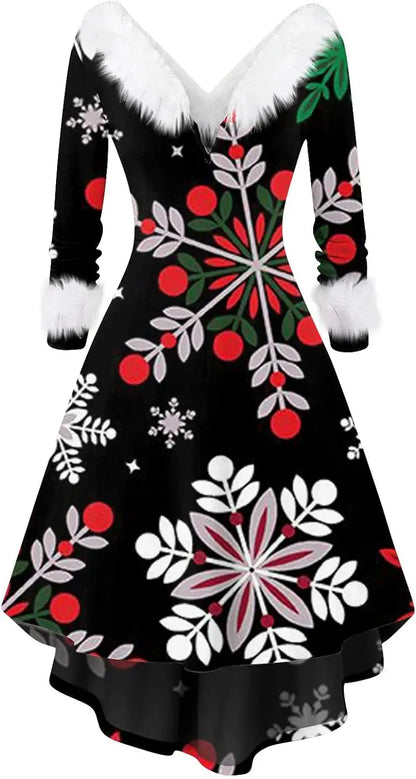 Womens Christmas Dress Fuzzy Mrs Claus Christmas Holiday Xmas Cocktail Holiday Party Flare Dress