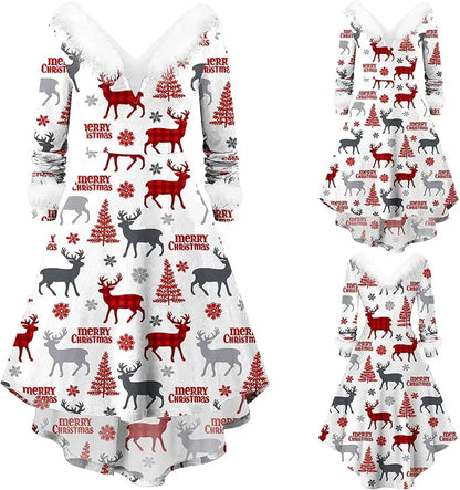 Womens Christmas Dress Fuzzy Mrs Claus Christmas Holiday Xmas Cocktail Holiday Party Flare Dress