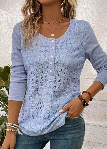 Light Purple Lace Long Sleeve Round Neck Blouse