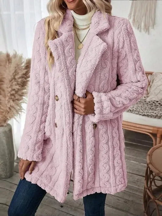 Women's Teddy Coat Coat Windproof Warm Holiday Daily Wear Weekend Button Pocket Double Breasted Lapel Vintage Daily Christmas Solid Color Regular Fit Outerwear Long Sleeve Fall Winter Black Pink
