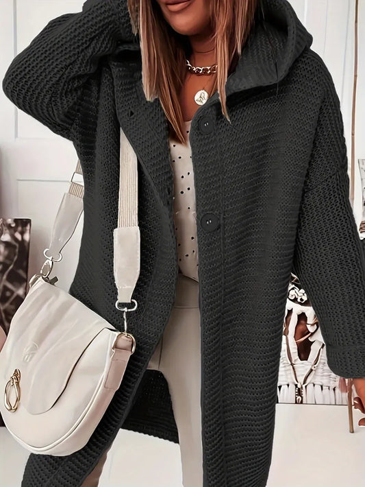 Plus Size Casual Cardigan, Women's Plus Solid Button Up Long Sleeve Hoodie Cardigan