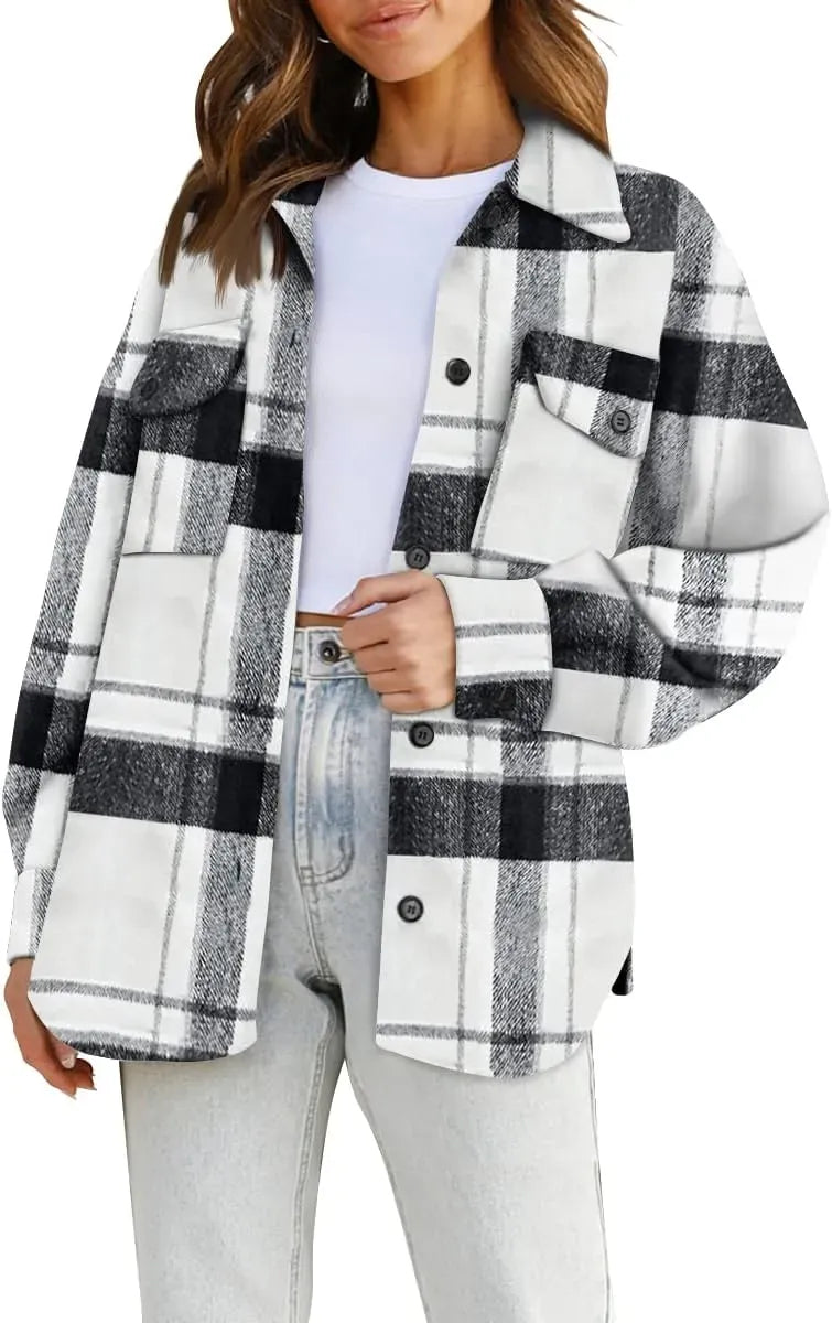 Womens Casual Plaid Shacket Button Down Long Sleeve Shirt