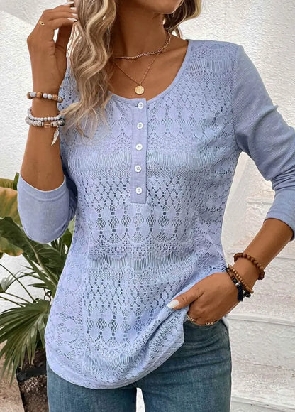 Light Purple Lace Long Sleeve Round Neck Blouse