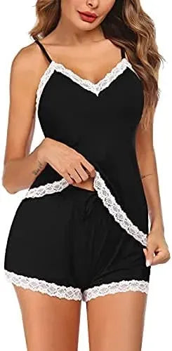 Women Cami Pajama Set Modal Sleepwear Lace Trim Short PJ Set with Shorts