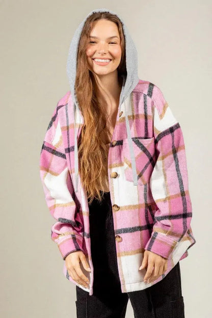 Womens Casual Plaid Shackets Brushed Flannel Button Down Shirt Jacket Coats with Side Pockets