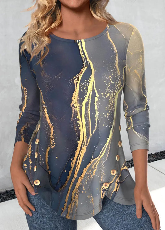 Blue Button Marble Print Long Sleeve T Shirt