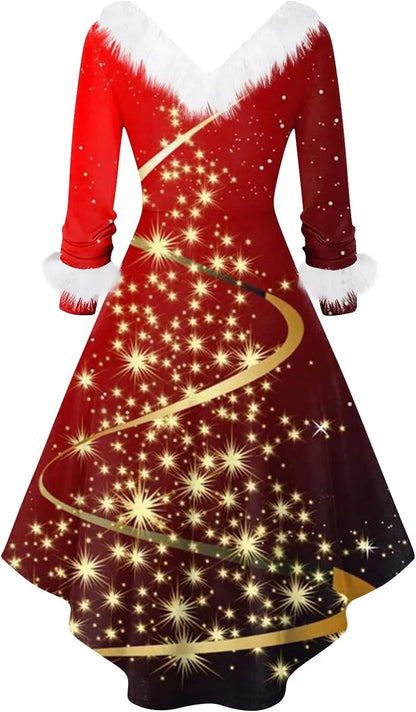 Womens Christmas Dress Fuzzy Mrs Claus Christmas Holiday Xmas Cocktail Holiday Party Flare Dress