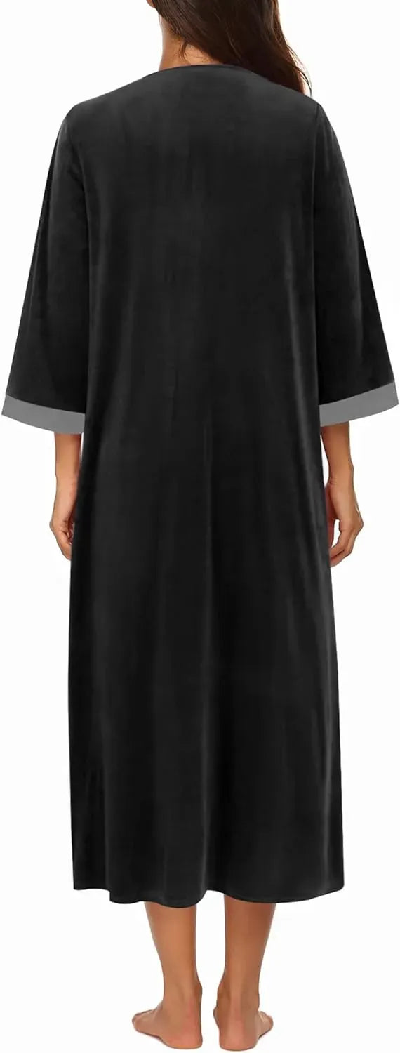 Women Zipper Robe 3/4 Sleeves Loungewear Dress Full Length Sleepwear Pockets Housecoat Nightgown Long Bathrobe