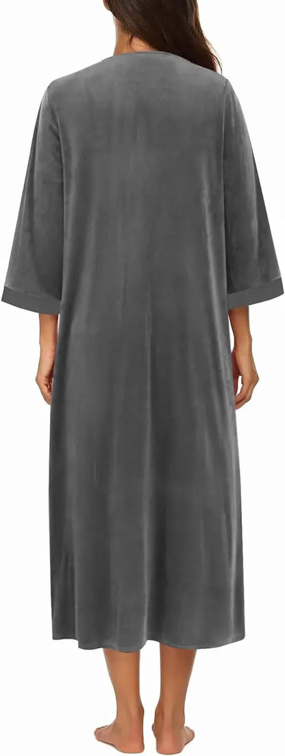 Women Zipper Robe 3/4 Sleeves Loungewear Dress Full Length Sleepwear Pockets Housecoat Nightgown Long Bathrobe