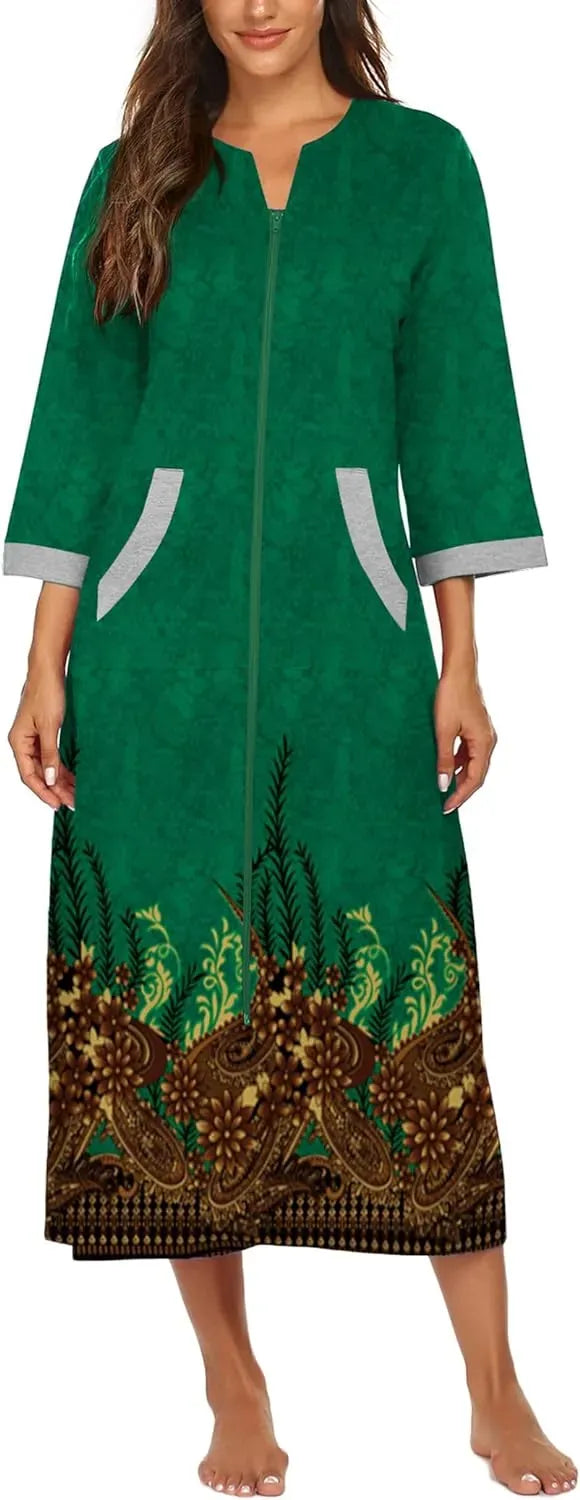 Women Zipper Robe 3/4 Sleeves Loungewear Dress Full Length Sleepwear Pockets Housecoat Nightgown Long Bathrobe