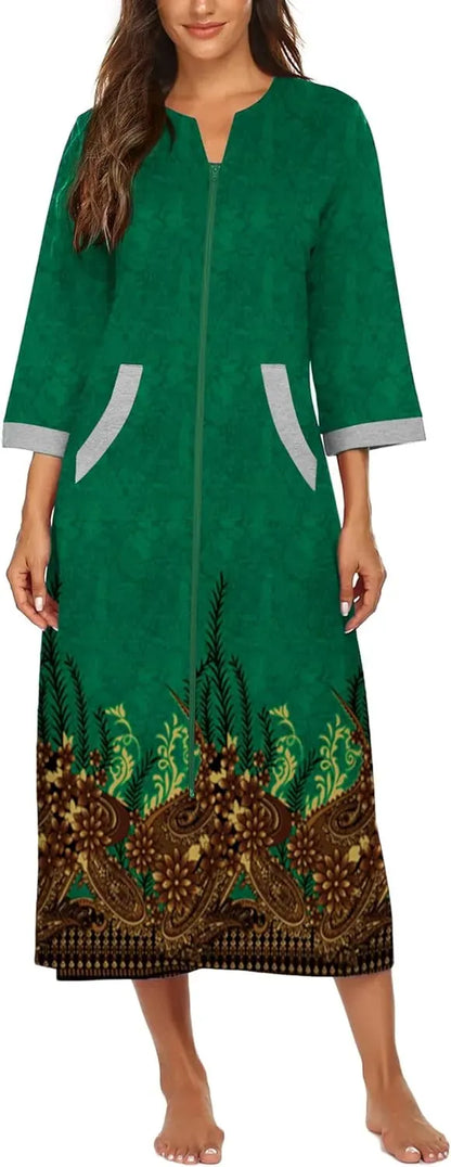 Women Zipper Robe 3/4 Sleeves Loungewear Dress Full Length Sleepwear Pockets Housecoat Nightgown Long Bathrobe