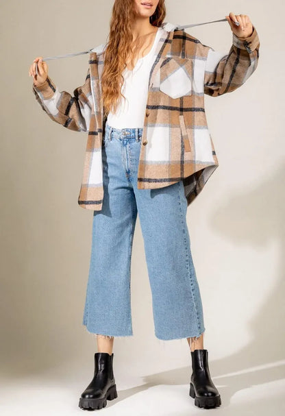 Womens Casual Plaid Shackets Brushed Flannel Button Down Shirt Jacket Coats with Side Pockets