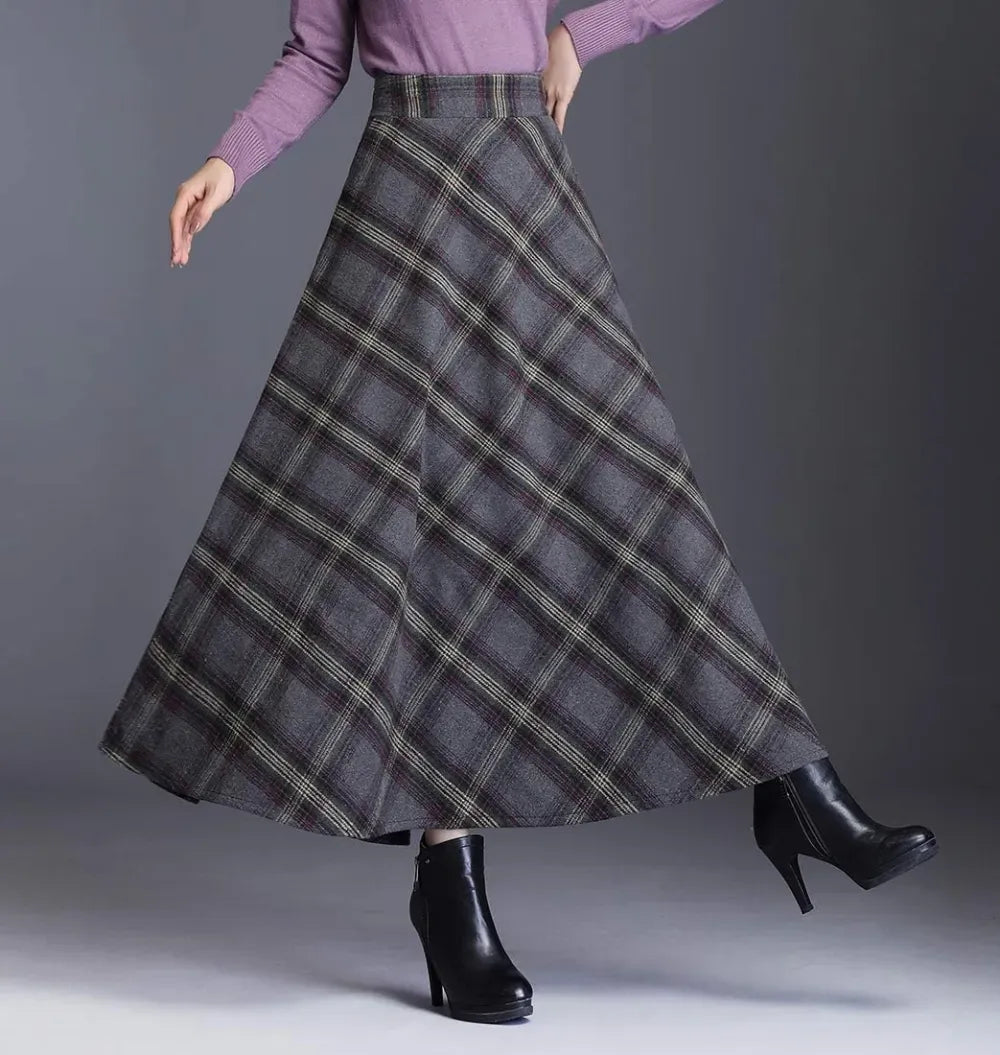 Women's Winter Elegant Warm Long Skirt Wool Maxi Skirts Elastic Waist A-Line High Waist Plaid Pleated Skirt S-3XL