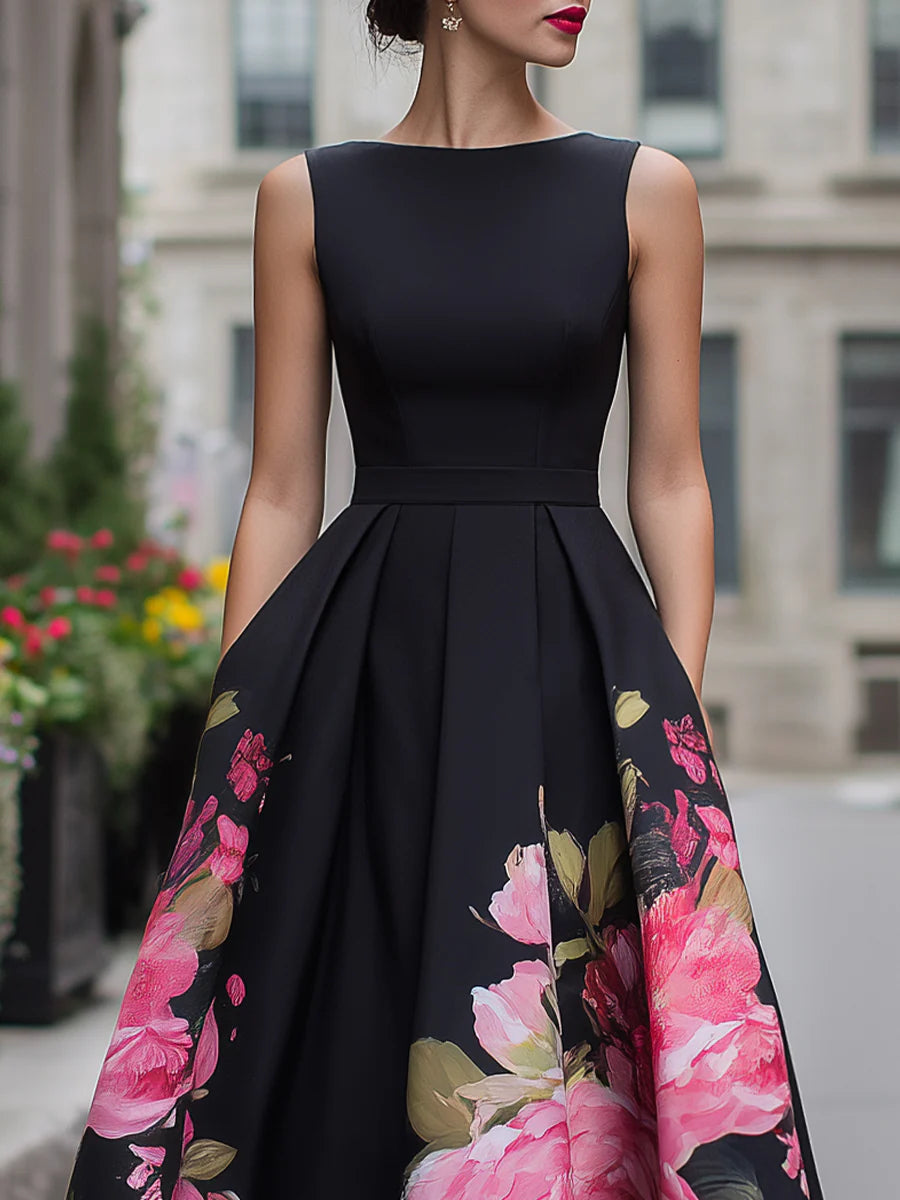 Elegant Sleeveless Midi Dress With Floral Printed