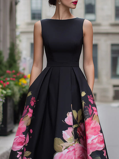 Elegant Sleeveless Midi Dress With Floral Printed